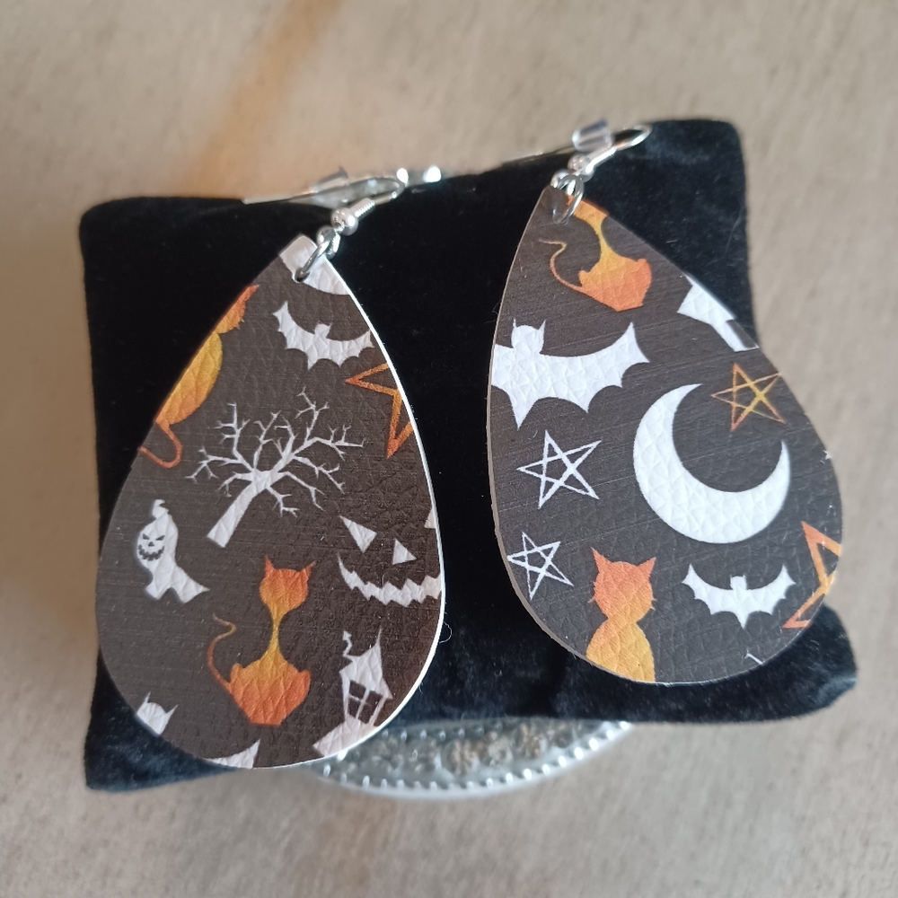 Black & Orange Ghost Cat Moon Leather Teardrop Dangle Drop Earrings